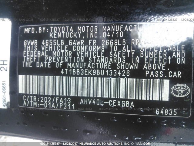 4T1BB3EK9BU133426 - 2011 TOYOTA CAMRY HYBRID BLACK photo 9