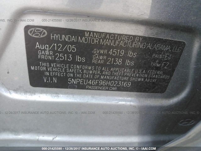 5NPEU46F96H023169 - 2006 HYUNDAI SONATA GLS/LX GRAY photo 9