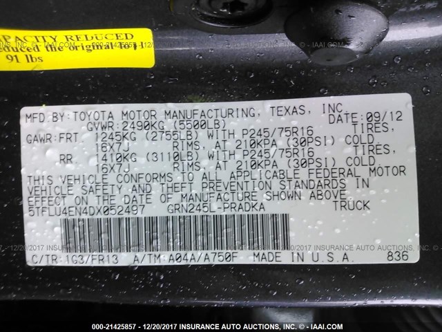 5TFLU4EN4DX052497 - 2013 TOYOTA TACOMA DOUBLE CAB ნაცრისფერი ფოტო 9