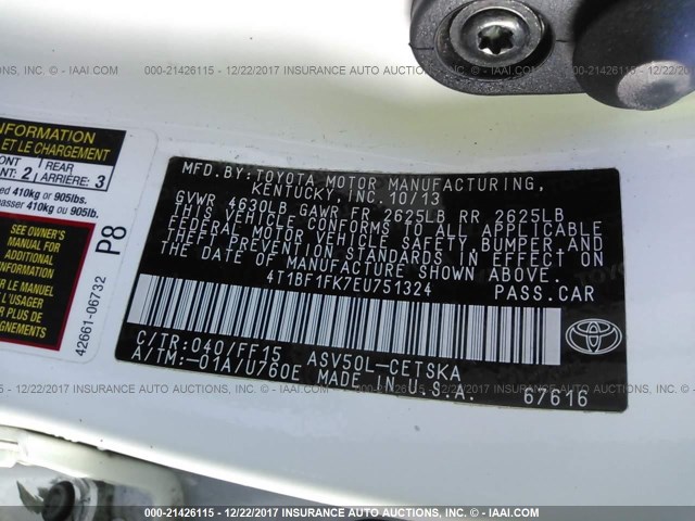 4T1BF1FK7EU751324 - 2014 TOYOTA CAMRY L/SE/LE/XLE 白色 照片 9