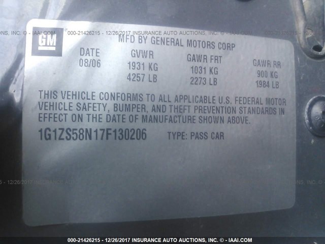 1G1ZS58N17F130206 - 2007 CHEVROLET MALIBU LS 灰色 照片 9