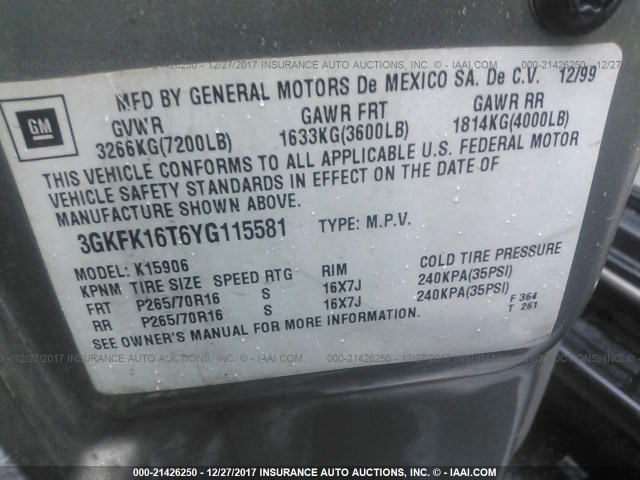 3GKFK16T6YG115581 - 2000 GMC YUKON XL K1500 GRAY photo 9