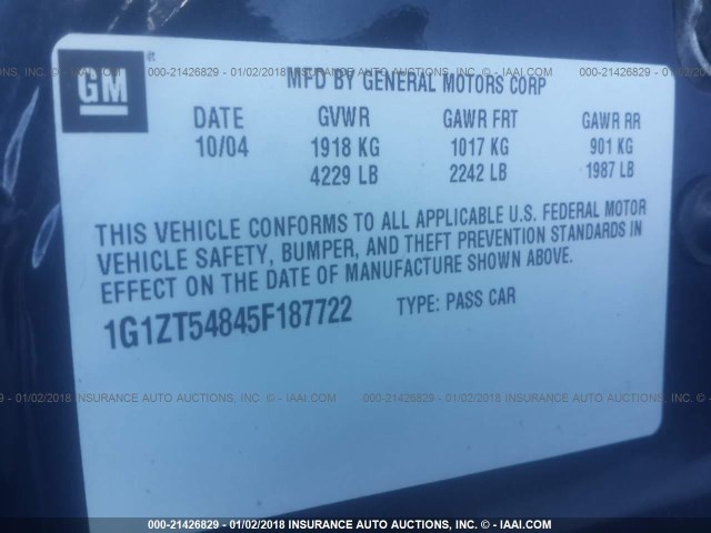 1G1ZT54845F187722 - 2005 CHEVROLET MALIBU LS 蓝色 照片 9