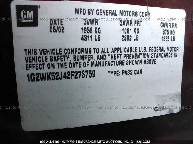 1G2WK52J42F273759 - 2002 PONTIAC GRAND PRIX SE 栗色 照片 9