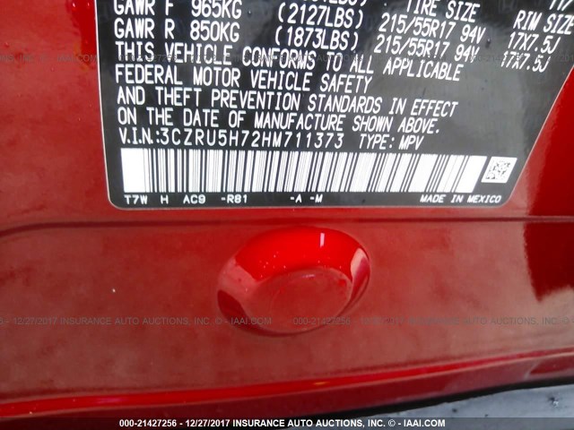 3CZRU5H72HM711373 - 2017 HONDA HR-V EXL RED photo 9