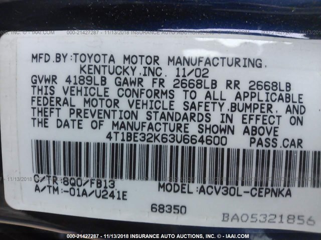 4T1BE32K63U664600 - 2003 TOYOTA CAMRY LE/XLE/SE BLUE photo 9