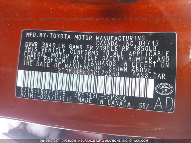 2T1BU4EE1DC072068 - 2013 TOYOTA COROLLA S/LE ORANGE photo 9