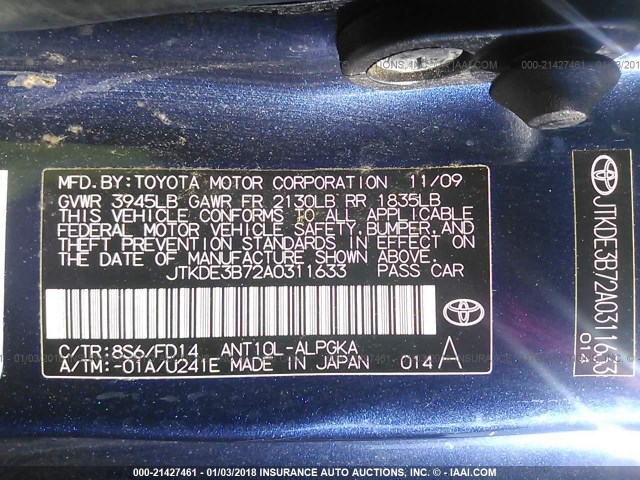 JTKDE3B72A0311633 - 2010 TOYOTA SCION TC 蓝色 照片 9