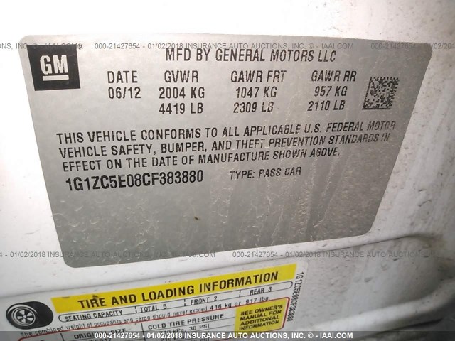 1G1ZC5E08CF383880 - 2012 CHEVROLET MALIBU 1LT 白色 照片 9