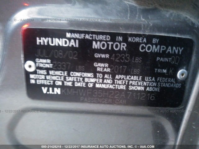 KMHWF35H22A711216 - 2002 HYUNDAI SONATA GLS/LX GRAY photo 9