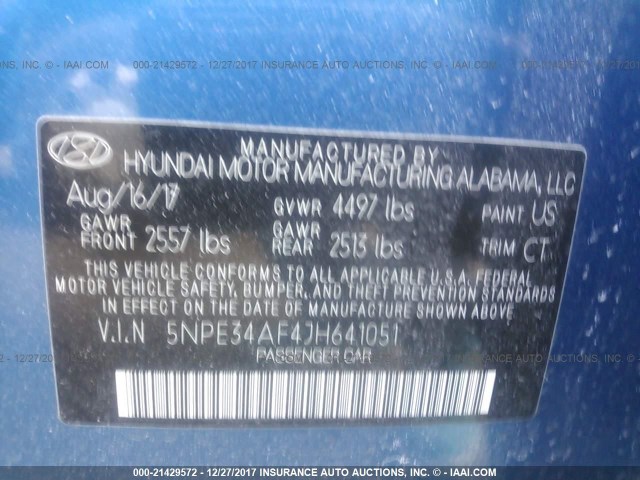 5NPE34AF4JH641051 - 2018 HYUNDAI SONATA SPORT/LIMITED BLUE photo 9