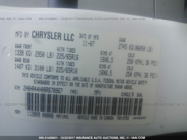 2A8HR44H08R678967 - 2008 CHRYSLER TOWN & COUNTRY LX WHITE photo 9