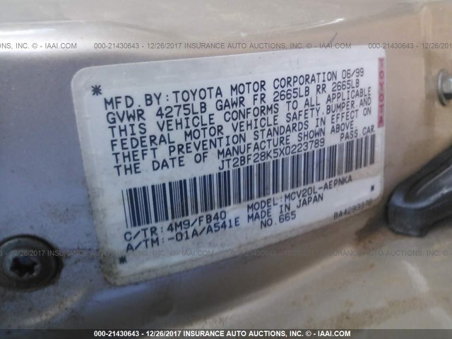 JT2BF28K5X0223789 - 1999 TOYOTA CAMRY LE/XLE GOLD photo 9