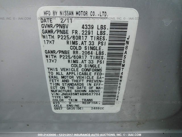 JN8AS5MT4BW567784 - 2011 NISSAN ROGUE S/SV/KROM SILVER photo 9