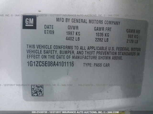 1G1ZC5E08A4101116 - 2010 CHEVROLET MALIBU 1LT 银色 照片 9