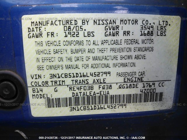 3N1CB51D16L452799 - 2006 NISSAN SENTRA 1.8/1.8S BLUE photo 9