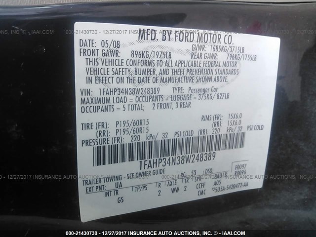 1FAHP34N38W248389 - 2008 FORD FOCUS S/SE BLACK photo 9