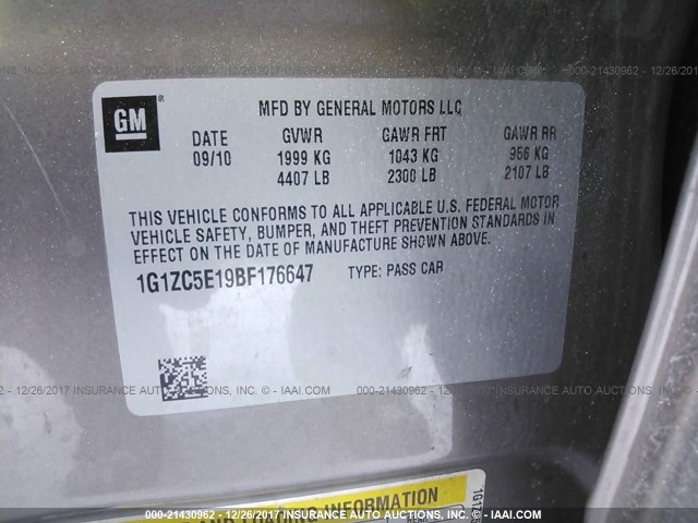 1G1ZC5E19BF176647 - 2011 CHEVROLET MALIBU 1LT 灰色 照片 9