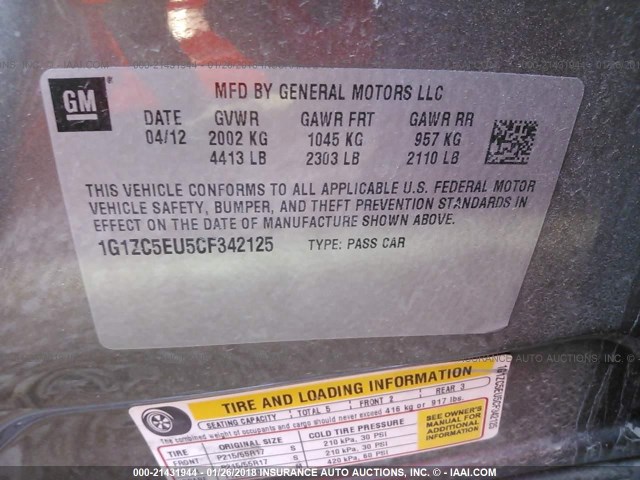 1G1ZC5EU5CF342125 - 2012 CHEVROLET MALIBU 1LT 灰色 照片 9