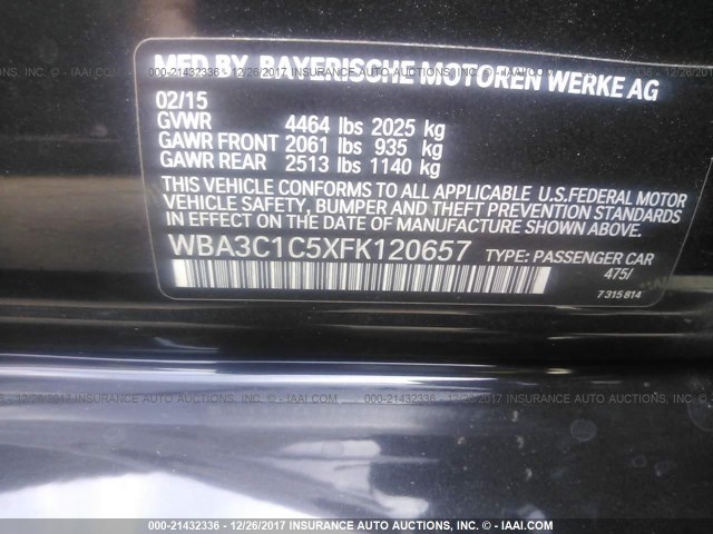 WBA3C1C5XFK120657 - 2015 BMW 328 I SULEV BLACK photo 9