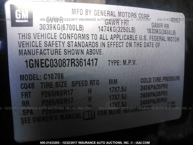 1GNEC03087R361417 - 2007 CHEVROLET TAHOE C1500 BLACK photo 9