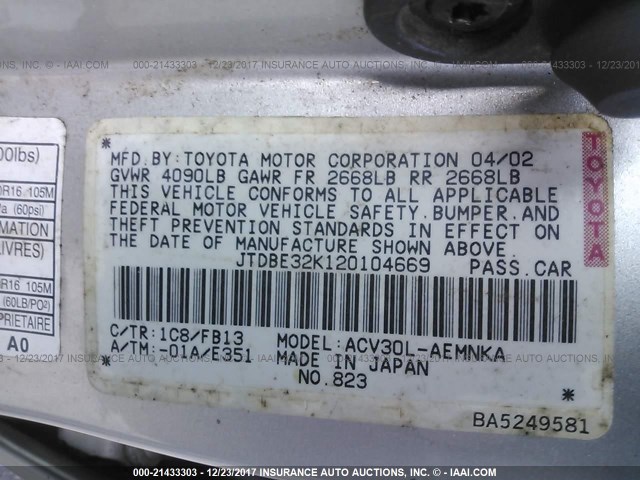 JTDBE32K120104669 - 2002 TOYOTA CAMRY LE/XLE/SE SILVER photo 9