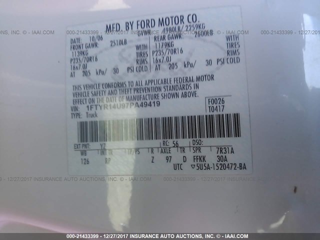 1FTYR14U97PA49419 - 2007 FORD RANGER SUPER CAB WHITE photo 9