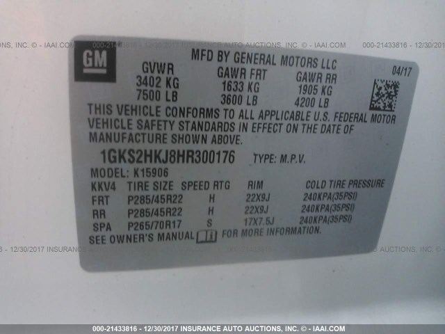 1GKS2HKJ8HR300176 - 2017 GMC YUKON XL DENALI WHITE photo 9