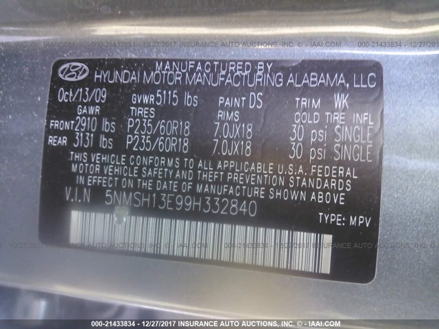 5NMSH13E99H332840 - 2009 HYUNDAI SANTA FE SE/LIMITED GRAY photo 9