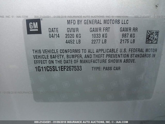 1G11C5SL1EF267533 - 2014 CHEVROLET MALIBU 1LT 银色 照片 9