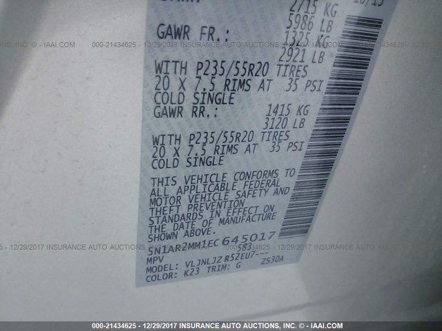 5N1AR2MM1EC645017 - 2014 NISSAN PATHFINDER S/SV/SL/PLATINUM 银色 照片 9