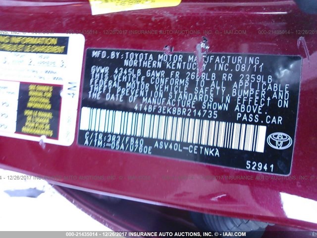 4T4BF3EK8BR214735 - 2011 TOYOTA CAMRY SE/LE/XLE Қызыл фото 9