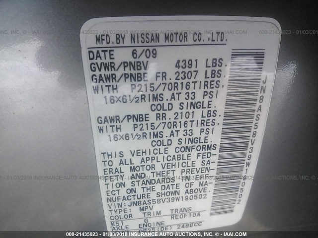 JN8AS58V39W190502 - 2009 NISSAN ROGUE S/SL SILVER photo 9