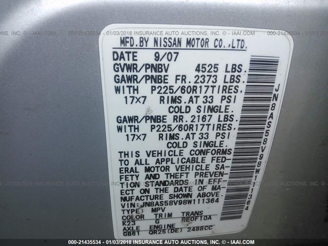 JN8AS58V98W111364 - 2008 NISSAN ROGUE S/SL SILVER photo 9