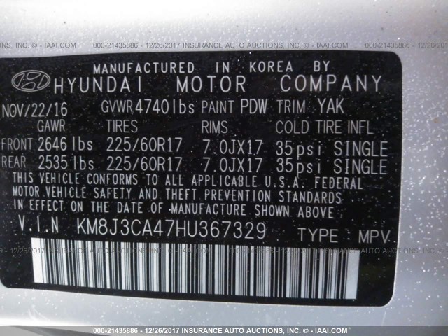 KM8J3CA47HU367329 - 2017 HYUNDAI TUCSON LIMITED/SPORT AND ECO/SE WHITE photo 9