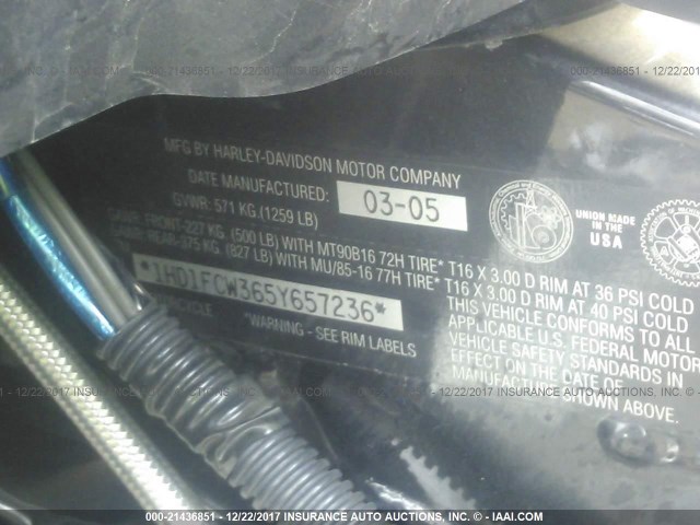 1HD1FCW365Y657236 - 2005 HARLEY-DAVIDSON FLHTCUI BLACK photo 10