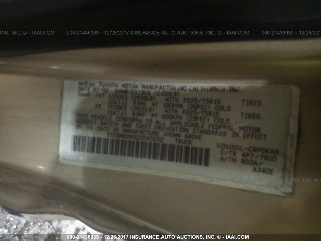 5TESN92N52Z045252 - 2002 TOYOTA TACOMA XTRACAB PRERUNNER ოქროსფერი ფოტო 9