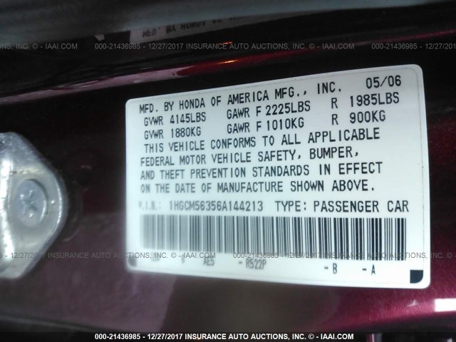 1HGCM56356A144213 - 2006 HONDA ACCORD SE RED photo 9