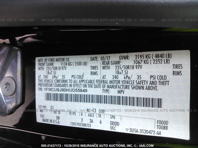 1FMCU9J90HUD55849 - 2017 FORD ESCAPE TITANIUM BLACK photo 9