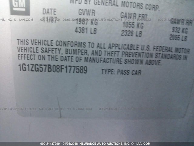 1G1ZG57B08F177589 - 2008 CHEVROLET MALIBU LS ვერცხლისფერი ფოტო 9