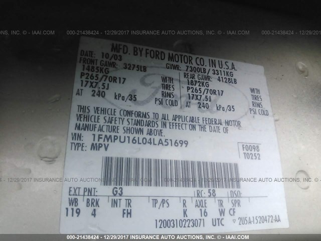 1FMPU16L04LA51699 - 2004 FORD EXPEDITION XLT Qəhvəyi foto 9