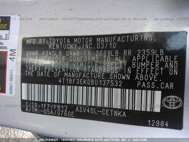 4T1BF3EK0BU137532 - 2011 TOYOTA CAMRY SE/LE/XLE 银色 照片 9