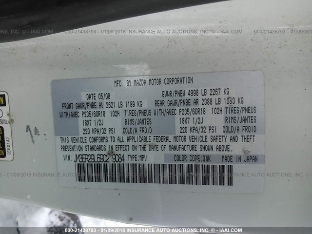 JM3ER29L690219084 - 2009 MAZDA CX-7 WHITE photo 9