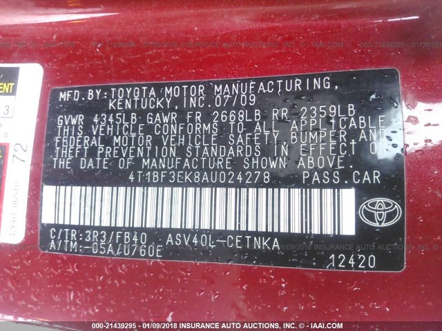 4T1BF3EK8AU024278 - 2010 TOYOTA CAMRY SE/LE/XLE 红色 照片 9