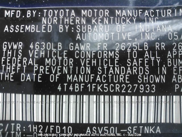 4T4BF1FK5CR227933 - 2012 TOYOTA CAMRY SE/LE/XLE BLACK photo 9