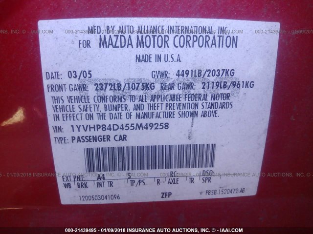 1YVHP84D455M49258 - 2005 MAZDA 6 S RED photo 9