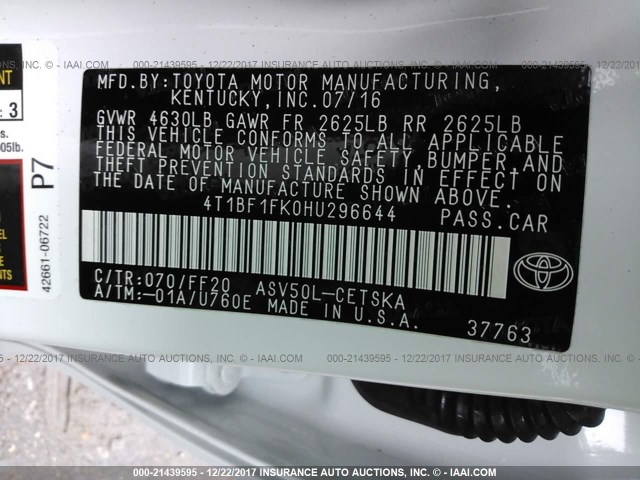 4T1BF1FK0HU296644 - 2017 TOYOTA CAMRY LE/XLE/SE/XSE WHITE photo 9