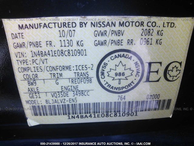 1N4BA41E08C810901 - 2008 NISSAN MAXIMA SE/SL BLUE photo 9