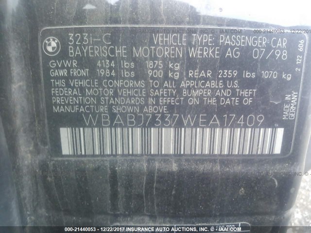 WBABJ7337WEA17409 - 1998 BMW 323 IC BLACK photo 9