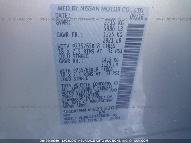 5N1DR2MM4HC621330 - 2017 NISSAN PATHFINDER S/SV/SL/PLATINUM 银色 照片 9